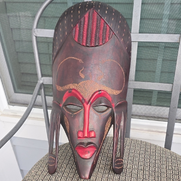 Handcrafted African Mask with Red and Brown Accents